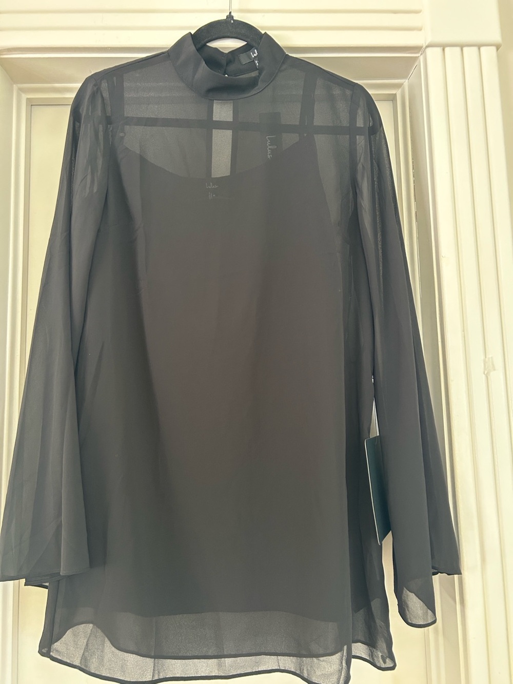 Lulus Black Sheer Chiffon Long Sleeve Mock Neck Dress w/ Sep Cami Slip NWT Me